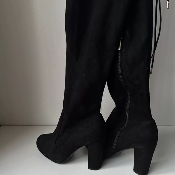 Bamboo Women Black Over Knee Heeled Boots block Heels With Straps Size 9 Zipper - Picture 1 of 10